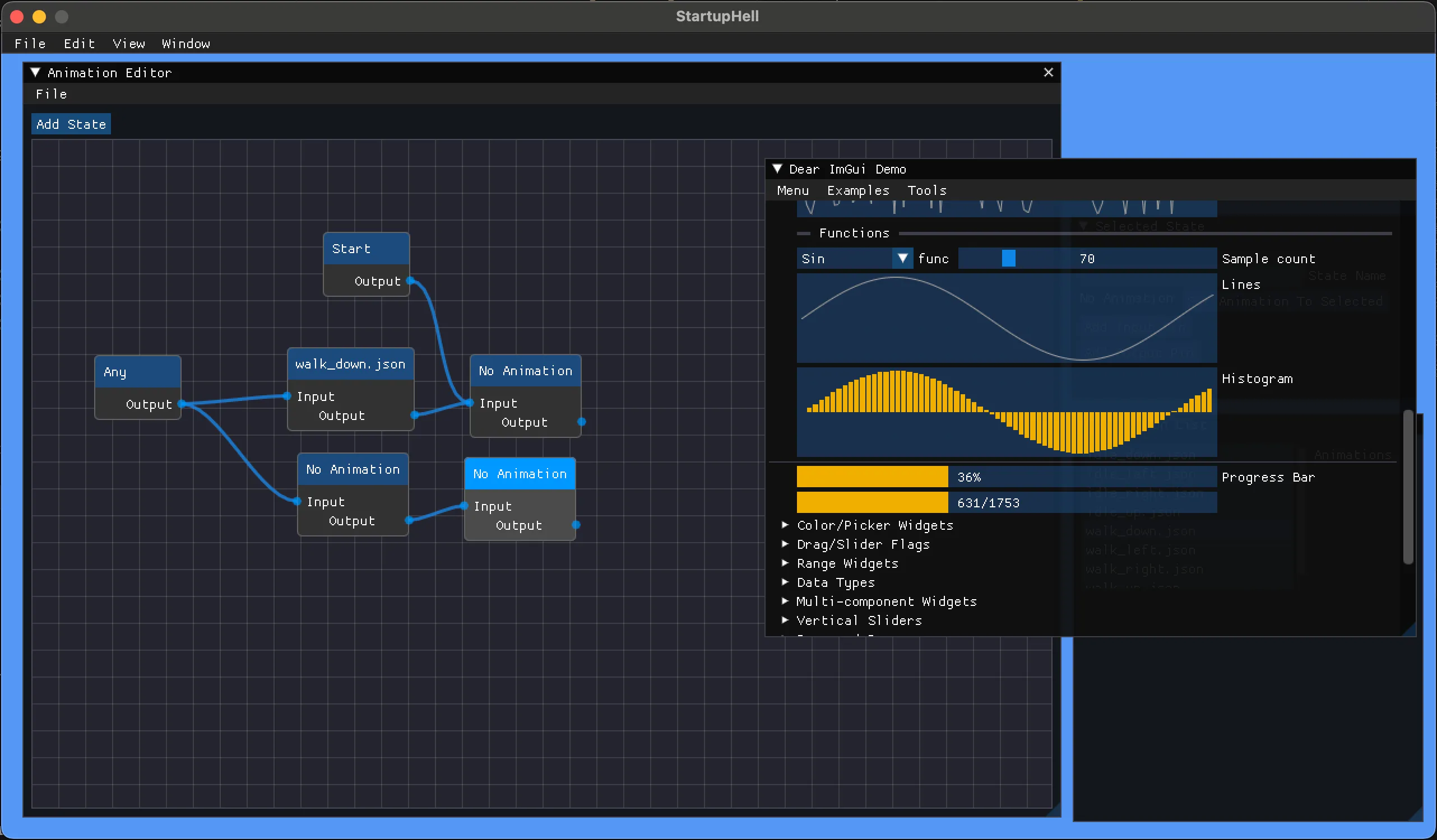 An ImNodes editor displaying in a MonoGame application on OSX.
